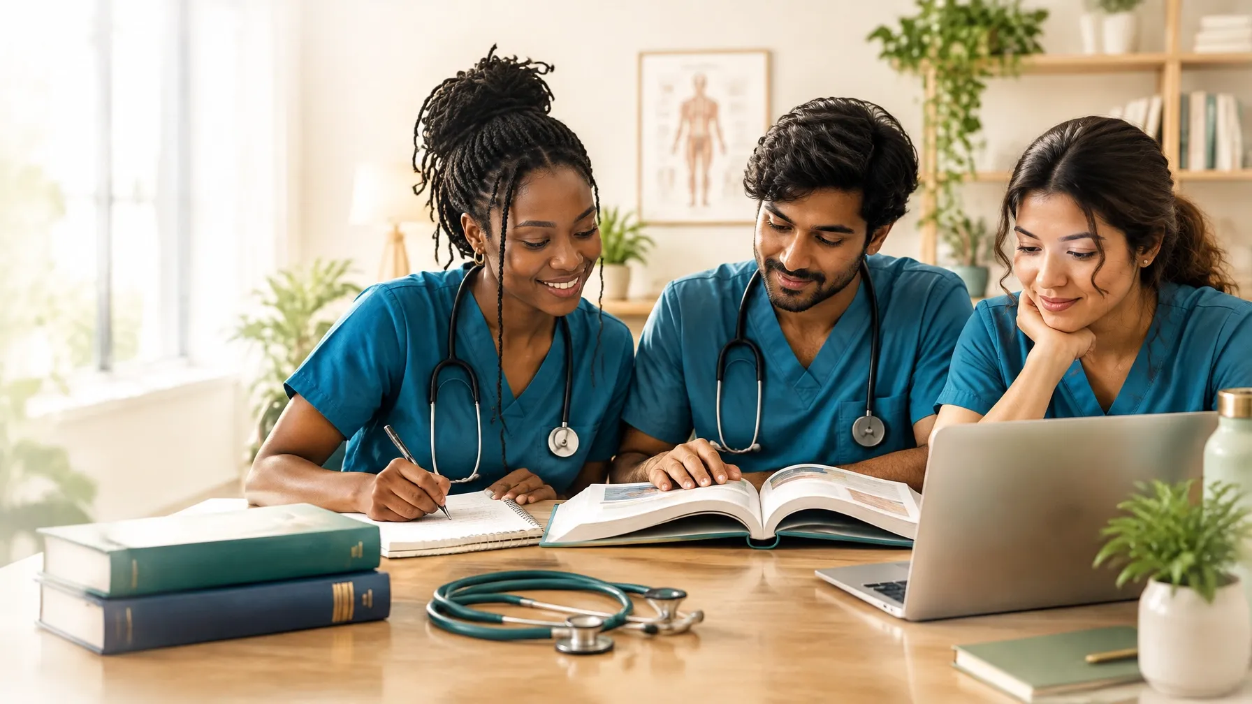 A racially diverse group of nursing students studying together in teal scrubs